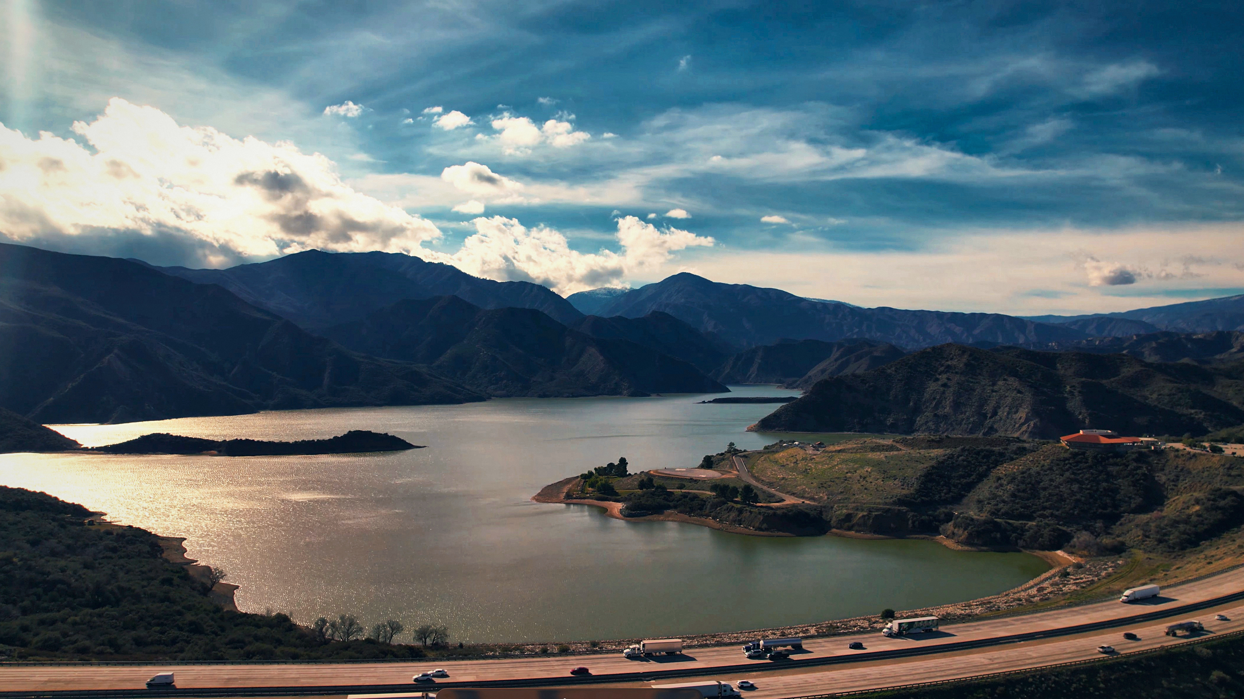 SKYSPECS Digital aerial landscape photograph of Pyramid Lake reservoir and surrounding terrain